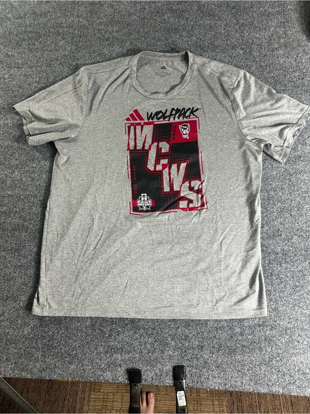adidas Gray Short-Sleeve Wolfpack Graphic Tee with Red and Black Accents